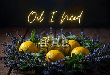 Oil I Need logo over a wreath of lemons, lavender, and peppermint sprigs with bottles in center