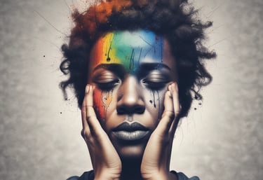 A person with long hair is sitting on a stool in a dark room, reading a document titled 'Action and Recovery'. The room features a circular light or projection on the floor and several cushioned stools scattered around.