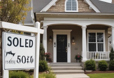 A real estate auction sign displaying the word 'SOLD' in bold red letters. The sign includes images of a home's interior featuring a living room with modern furniture, and it is set against the backdrop of trees and sky.