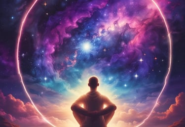 a man sitting on a hill with a large circle of stars