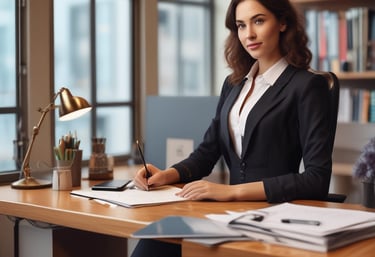 A person with short, light brown hair wears oversized dark sunglasses and a stylish outfit consisting of a blue-grey blazer over a black top and black trousers. The person has one hand in their pocket and exudes a confident demeanor against a bright, minimalist background.