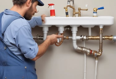 A row of air conditioning units is installed on the rooftop of a building. A person, wearing a hat, is working on one of the units. The building has several ventilators and metal ducts extending from it. The sky is clear and blue.