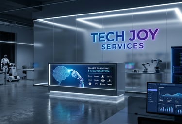 Tech Joy Services office showcasing smart branding, AI automation, robotics, and digital analytics