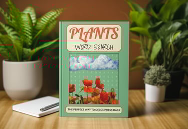 Plants Word Search book by Debas Direct on desk with plant and notebook