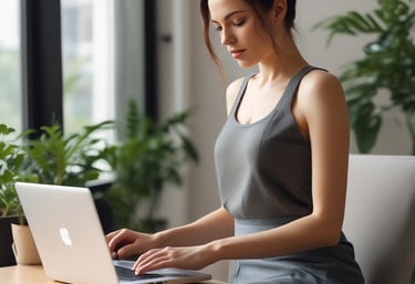 A person is using a laptop to browse an online marketplace featuring various digital products or themes. The screen displays a selection of software or website themes with descriptions and prices. The person seems to be in a well-lit room, sitting at a table.