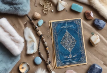 An assortment of spiritual tools including drums and oracle cards.