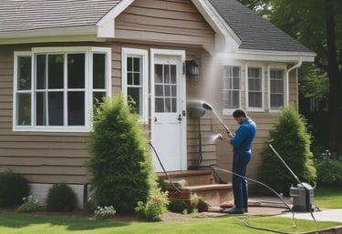 A person in a bright orange uniform and yellow hard hat is power washing the exterior of a structure next to a sidewalk. Large trees with dense green foliage are visible, along with bicycles parked under a canopy. The scene appears to be in an urban setting with buildings and construction in the background.