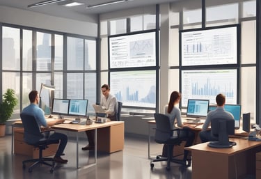 A team of professionals collaborating over laptops and digital devices in a modern office setting.