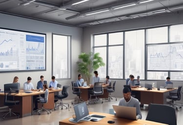 A team of professionals collaborating over laptops and digital devices in a modern office setting.