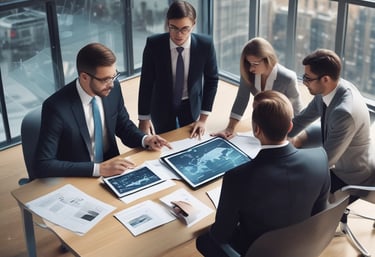 A team of professionals collaborating over laptops in a modern office setting.