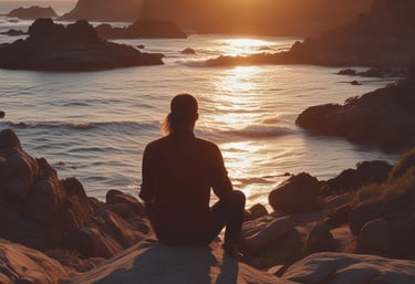 A traveler gazing at a sunset over a vast landscape, symbolizing exploration and discovery.