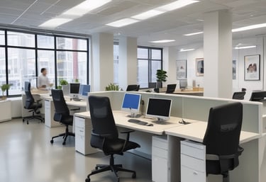 A modern, large, multi-story office building is prominently situated on a clear day, featuring the letters 'BCI' with a logo on its facade. The structure is surrounded by a well-maintained garden and a sidewalk where several people are walking. Nearby, cars are parked and some are driving along the street.