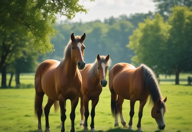 A person adjusts a black saddle on a brown horse in front of a brick wall. The person is wearing a light blue shirt and has a scrunchie in their hair. The scene takes place near a stable with a wooden door and window visible.