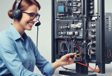 A telecommunications tower stands prominently on a tree-covered hill under a sky filled with dramatic clouds. Below, modern residential houses are scattered across a lush, green landscape.