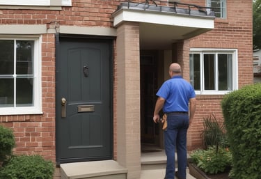 A smart video doorbell is mounted on a deep blue door with a blurred out number plate in the background.