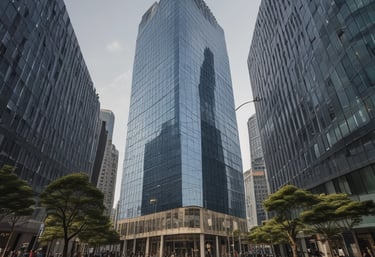 A modern, large, multi-story office building is prominently situated on a clear day, featuring the letters 'BCI' with a logo on its facade. The structure is surrounded by a well-maintained garden and a sidewalk where several people are walking. Nearby, cars are parked and some are driving along the street.