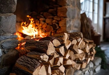 Image of an open fireplace with a small pile of firewood in front
