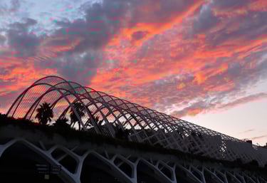 Estructura arqueada del Umbracle en la Ciudad de las Artes y las Ciencias de Valencia bajo un cielo 