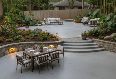 Two-tiered concrete patio design with steps connecting different levels.