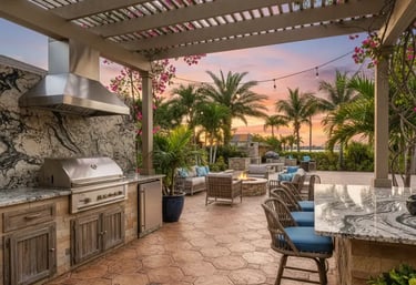 Large stamped concrete patio with built-in outdoor kitchen featuring a grill, counters, and bar seating