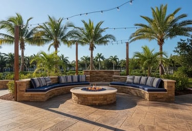 Stamped concrete patio featuring a built-in circular fire pit surrounded by built-in seating