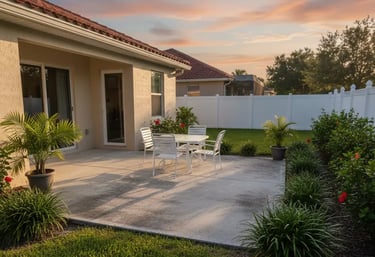 Classic rectangular concrete patio with a smooth broom finish, outdoor furniture