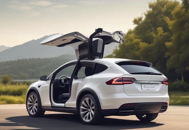 A black Tesla car with its falcon-wing doors open is parked in a desert landscape. Surrounding the car are numerous tall wind turbines, scattered across the dry, shrub-filled terrain. In the background, there are distant mountain ranges under a vibrant, clear blue sky.