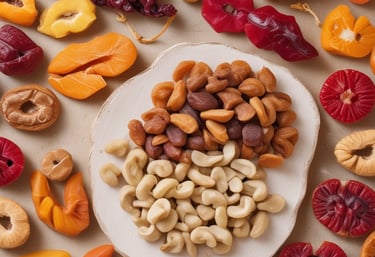 A vibrant market display featuring a variety of dried fruits, nuts, and spices. On the left, shelving units are filled with different kinds of nuts and seeds. In the foreground and to the right, numerous large baskets and bowls showcase an array of colorful dried products, labeled with small yellow price tags. The scene is lively and bustling, with a rich assortment of textures and colors.