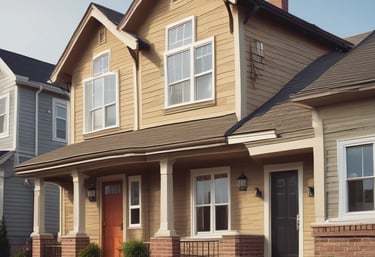 A diverse group of happy homeowners celebrating in front of their new house.