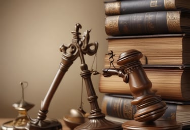 An elegant office setting with legal books and scales of justice, conveying professionalism and authority.