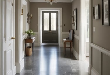 A serene granite hallway, showcasing quality stonework restoration.