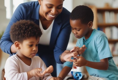 A caring professional assisting a family in a supportive environment.