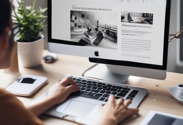 A vibrant office scene showing a designer working on a WordPress theme on a desktop computer.