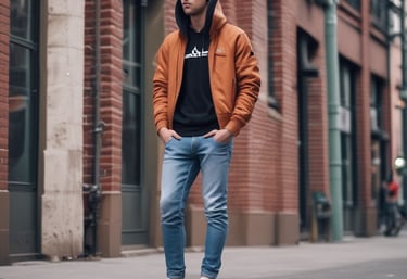 A stylish man showcasing modern fashion trends in a vibrant urban setting.