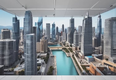 a man riding a skateboard down a street next to tall buildings