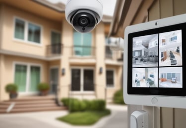 A modern interior design featuring a large wooden sliding door with horizontal planks and a black frame. Large windows allow natural light to stream in, with lush greenery visible outside. Part of a cozy bed with white sheets and a gray blanket is visible in the foreground.