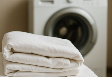 a stack of white linens sitting on top of a table
