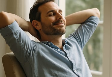 a man sitting in a chair with his arms on his head