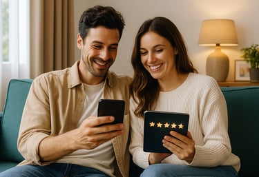 a man and woman sitting on a couch looking at their phones