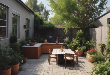 A sunlit patio with terracotta tiles is adorned with cleaning equipment, including a wet and dry vacuum, containers of cleaning solutions, and a pressure washer. A portion of a white car is visible near a hedge-lined driveway, while lush green vegetation and a manicured lawn provide a backdrop.