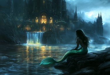mermaid sitting on a rock overlooking an ancient castle at dusk