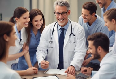 An outdoor urban scene features a concrete courtyard with tall green lampposts and large potted plants at various stages of growth. The background includes the facade of a building with the words 'Hospital General Zona 5' partially visible, flanked by windows and greenery. The sky appears clear and bright, suggesting a sunny day.