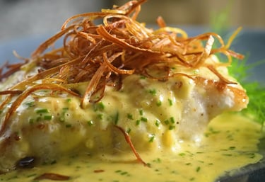Pan-Seared White Fish with Crispy Leek and Hollandaise Sauce