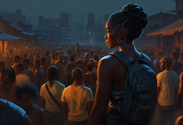 Group of Black people filling the streets, with a Black woman wearing a backpack.