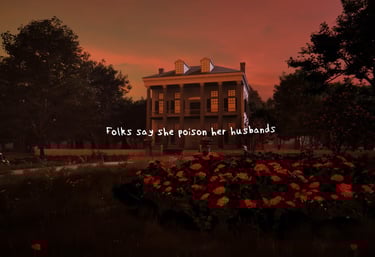 Coded Black gameplay screenshot showing a plantation house at sunset with narrative text: Folks say she poison her husbands.