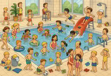 Wimmelbild Schwimmbad mit vielen Kindern im Wasser und am Beckenrand, Sprachförderung