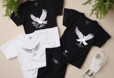Three black T-shirts are neatly folded and laid out on a light-colored surface. The shirts have tags attached to them, and the phrase 'MADE WILD DNVR, CO' is visible on the two outer shirts, while the middle shirt features a unique white design resembling a skeleton hand.