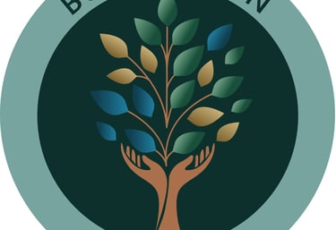 a building on the side of a building with hands holding a tree