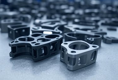 a bunch of black and white metal parts on a table