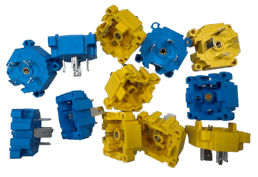 a bunch of yellow and blue electrical plugged in a group of blue and yellow